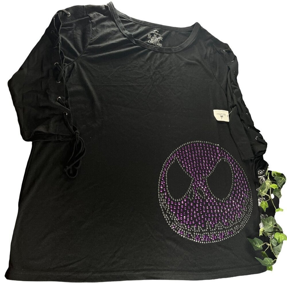 Disney Jack Skellington Studded Blouse Nightmare Long Sleeve Slit Tie Shirt Top